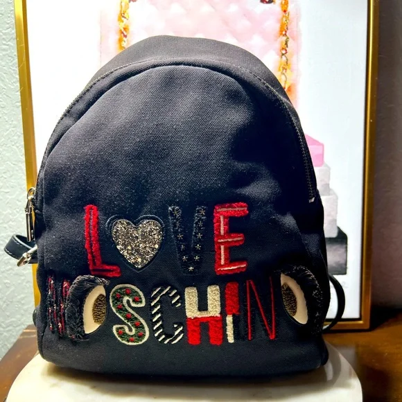 Moschino Love Moschino Black Canvas Logo Embroidered Backpack GUC